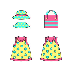 Kids Clothing and Accessories Set with Hat, Bag and Dress &ndash; Flat Vector