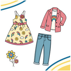 Cheerful illustration of children's spring-summer fashion essentials featuring a patterned dress, pink blazer, rainbow t-shirt, and rolled-up jeans, with whimsical flowers for kids' projects.