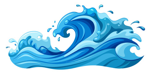 Dynamic ocean wave illustration with blue water splashes and curling surf. Stylized marine nature design on white background for summer, surfing, and maritime concept. High-quality vector.