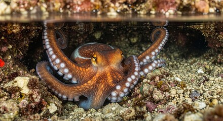 An octopus with its tentacles spread wide in shallow water near the seabed.