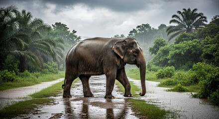 An elephant walks on a wet road surrounded by lush green trees.