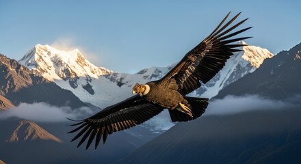 Andean Condor Soaring Majestic Flight Over Snow-Capped Mountains.