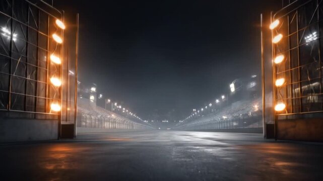 Symmetrical night scene of open gate portals framing a wet, illuminated track toward far bleachers!!
