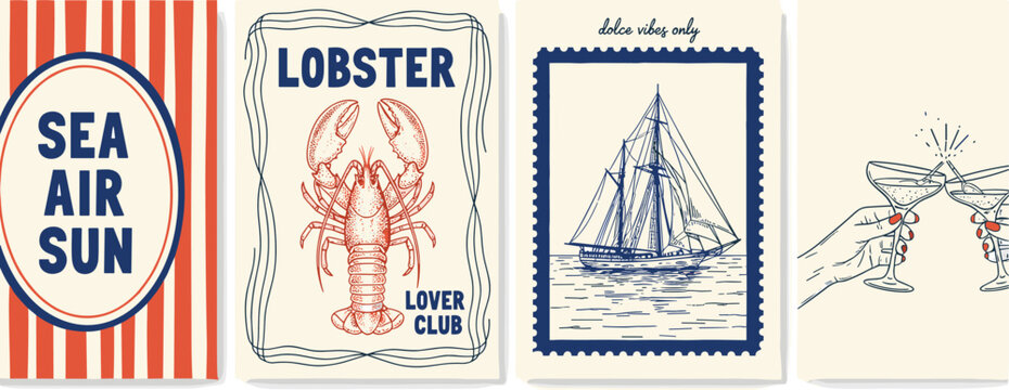 Vintage Postcard Collection Featuring Nautical and Cocktail Themes