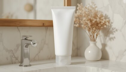 Elegant blank tube of skincare product ready for your branding in a bright bathroom setting, creating a clean and modern aesthetic for promotion