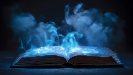 Open, aged book lies on a dark surface as azure wisps rise from pages in a pale, magical glow. faint - Powered by Adobe