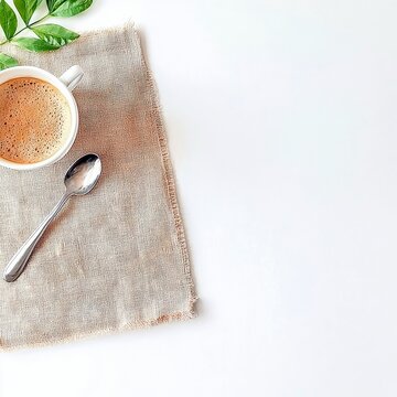 A white cup filled with frothy coffee sits on a burlap cloth next to a spoon and green leaves. The scene is lit by natural light, creating a clean and fresh aes