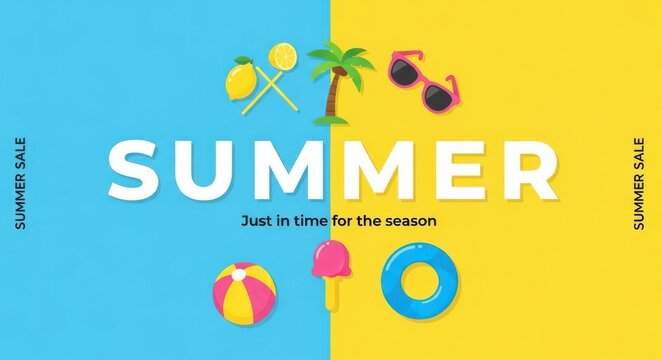 Summer sale banner , Summer banner design with beach accessories Flat Lay. Ultimate Summer Sale: Shop Beachwear, Swimsuits, & Seasonal Essentials! Huge Discounts on Fun, Vacation Gear, and Tropical - Powered by Adobe