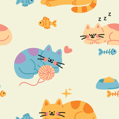 Cute Cat Playing Yarn Illustration seamless pattern 