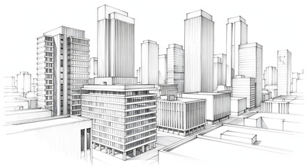 Fototapeta premium Urban Skyline Sketch: A detailed architectural sketch showcasing a bustling cityscape, a symphony of modern buildings and towering skyscrapers reaching for the sky.