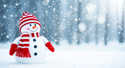 Cheerful snowman wearing a red striped hat and scarf in a snowy winter scene