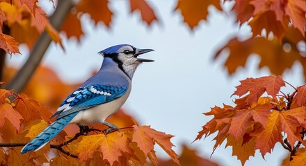 Blue Jay Perched on Autumn Maple Branch Singing Amidst Vibrant Orange Leaves.