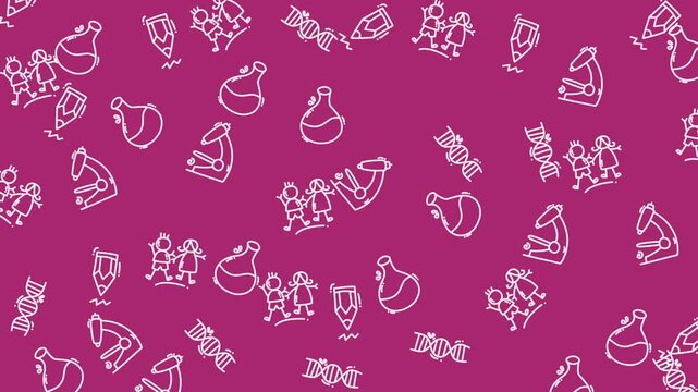 Educational science-themed doodle pattern with white icons on magenta background