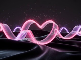 Abstract Holographic Heart Shape Intertwined with Glowing Wavy Ribbons on a Dark Textured Surface Under a Starry Sky