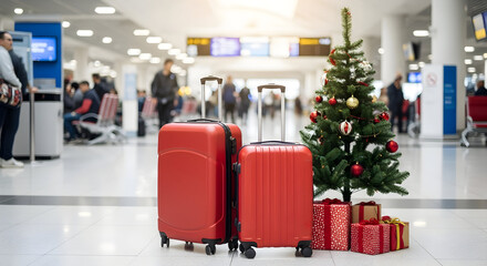 Christmas Travel: Red Suitcases by Christmas Tree in Modern Airport