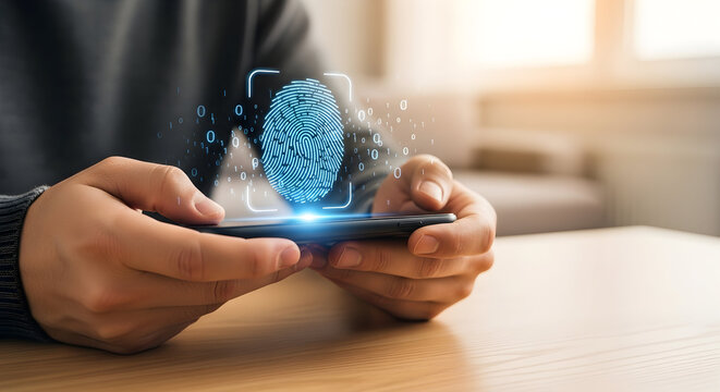 Secure Mobile Access: Man Holding Smartphone with Fingerprint Scan