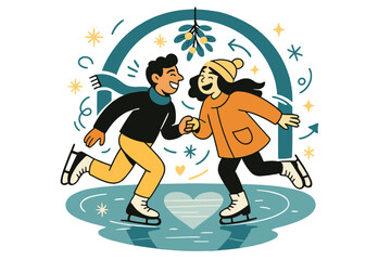 Skaters' Heartfelt Moment. Holiday romance. Two skaters sharing a laugh beneath mistletoe arch, their
