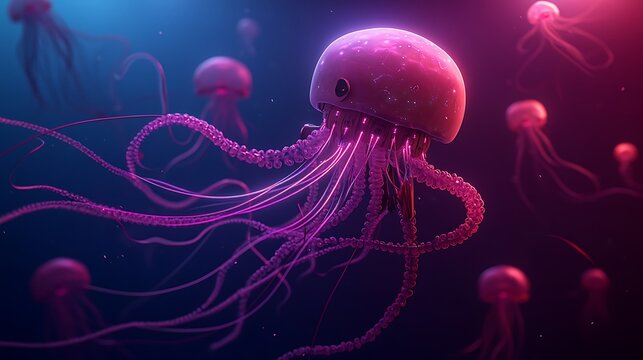Glowing jellyfish float gracefully in the deep ocean with vibrant pink and blue bioluminescent light