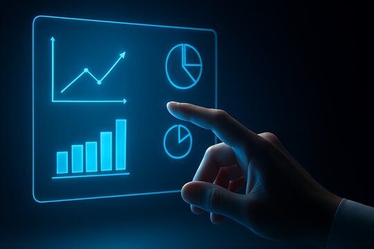 Close-up of a human hand reaching out to interact with a floating hologram dashboard displaying glowing blue statistics and data graphs