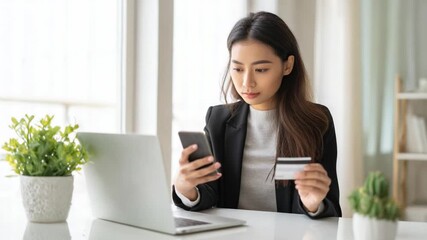 Smart Shopping: An asian woman, immersed in the digital realm of online shopping, strategically navigates with her smartphone and credit card. - Powered by Adobe
