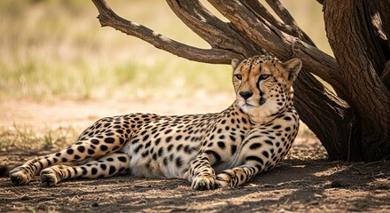 Cheetah resting under a tree in the African savanna.