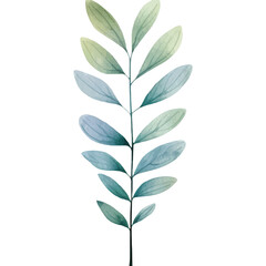 Delicate watercolor branch with soft green and blue leaves on a clean transparent background evoking nature and tranquility