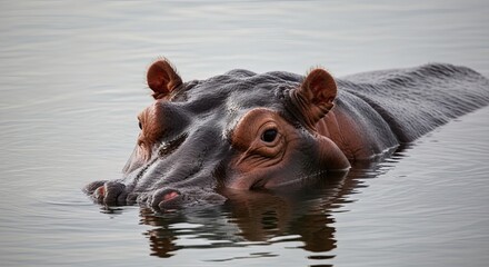 Close up of a Hippopotamus head emerging from murky water.