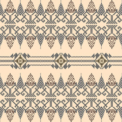 Black and brown pixel ethnic boho seamless pattern. Tribal pattern. Folk motif. Textile rapport. Cross-stitch vector design for wallpaper, rugs, curtains, crafts, and textiles.