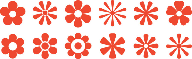 Set of 12 stylized red-orange flower icons, petal variations, symmetrical botanical shapes, floral design elements, nature illustration