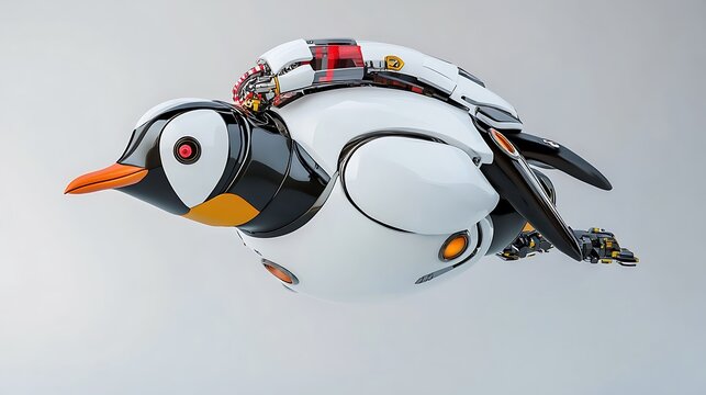 Robotic penguin with advanced technology and sleek design floating in a neutral colored environment