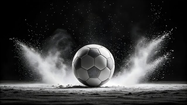 Dynamic soccer ball explosion with dust on black background for intense sports action