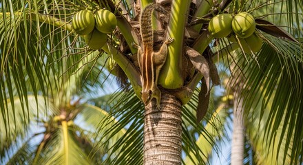 Close-up of a Chipmunk Climbing a Coconut Palm Tree with Green Coconuts.