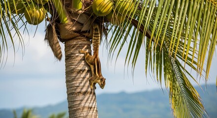 Close-up of a squirrel climbing a coconut palm tree with green coconuts and palm fronds.