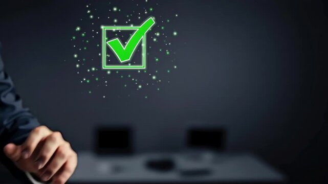 Man's hand reaching for a check mark as a symbol of completed and approved.