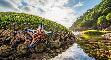 Colorful Starfish Resting on Mossy Rocks by a Reflective Stream in a Lush Green Canyon.