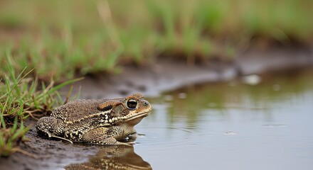 Curious Toad Beside Water: Wildlife Portrait in Natural Habitat, Close-Up.