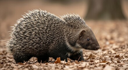 Obraz premium Detailed Portrait of a Walking Porcupine in Autumnal Forest