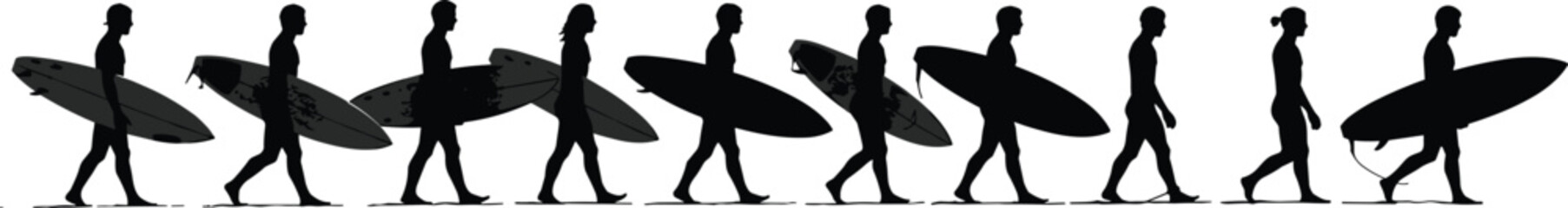 Group of surfers walking with surfboards, beach lifestyle, ocean adventure, summer vacation, silhouette people, surfing team heading to waves, freedom, fun