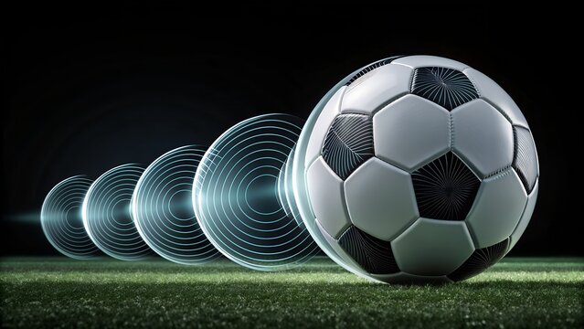 Dynamic soccer ball motion trail on vibrant green grass with stadium lights effect glow - Powered by Adobe