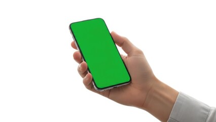 A hand holding a modern smartphone with a green screen for chroma key compositing on a white background.