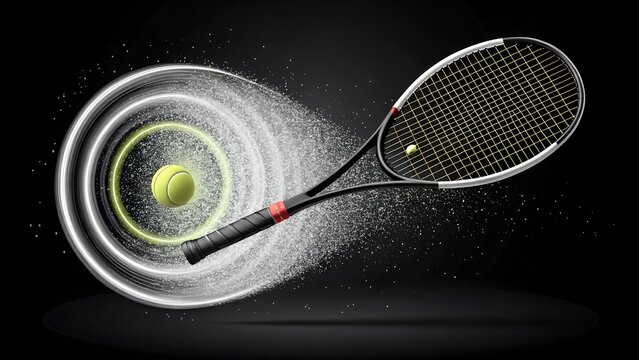 Dynamic tennis racket and ball motion with shimmering light effects on dark backdrop - Powered by Adobe