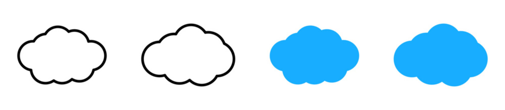 Cloud icons set : cloud icons in outline and solid blue styles, representing weather, sky, or digital storage, weather apps, UI elements, and clean minimal designs