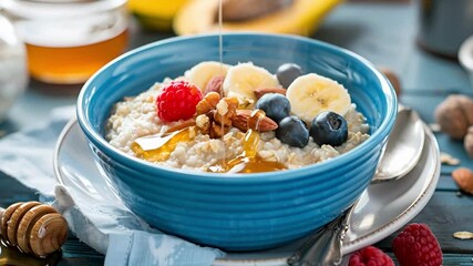 Healthy Breakfast with Oatmeal and Fruit, Nutritious Bowl of Oatmeal with Berries, Fresh Oatmeal with Honey and Fruit