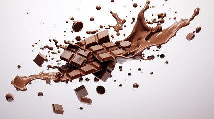 Milk Chocolate Pieces Falling with Small Drips of Melted Chocolate on Transparent Background