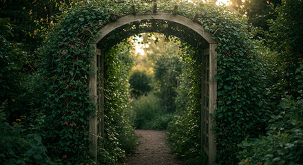 Obraz premium Romantic Garden Archway Covered in Green Vines, Secret Entrance to a Lush Park, Natural Arch of Ivy and Greenery, Sunlight Filtering Through a Garden Gate, Beautiful Botanical Structure.