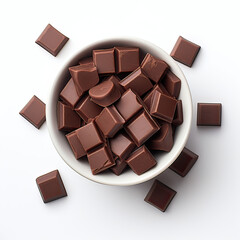 Milk Chocolate Pieces in Small Cup Top View on Pure White Background