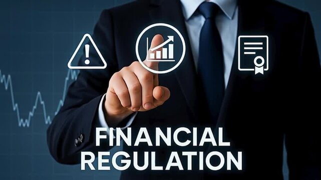 Man pointing at financial regulation icons for business concept.