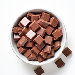 Milk Chocolate Pieces in Small Cup Top View on Pure White Background