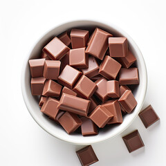 Milk Chocolate Pieces in Small Cup Top View on Pure White Background