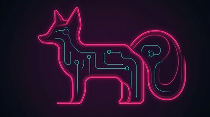 Neon fox illustration with circuit board design glowing in pink and teal on a dark purple background